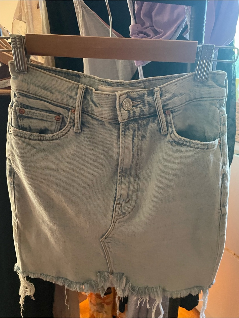 MOTHER Light Blue Distressed Denim Mini Skirt